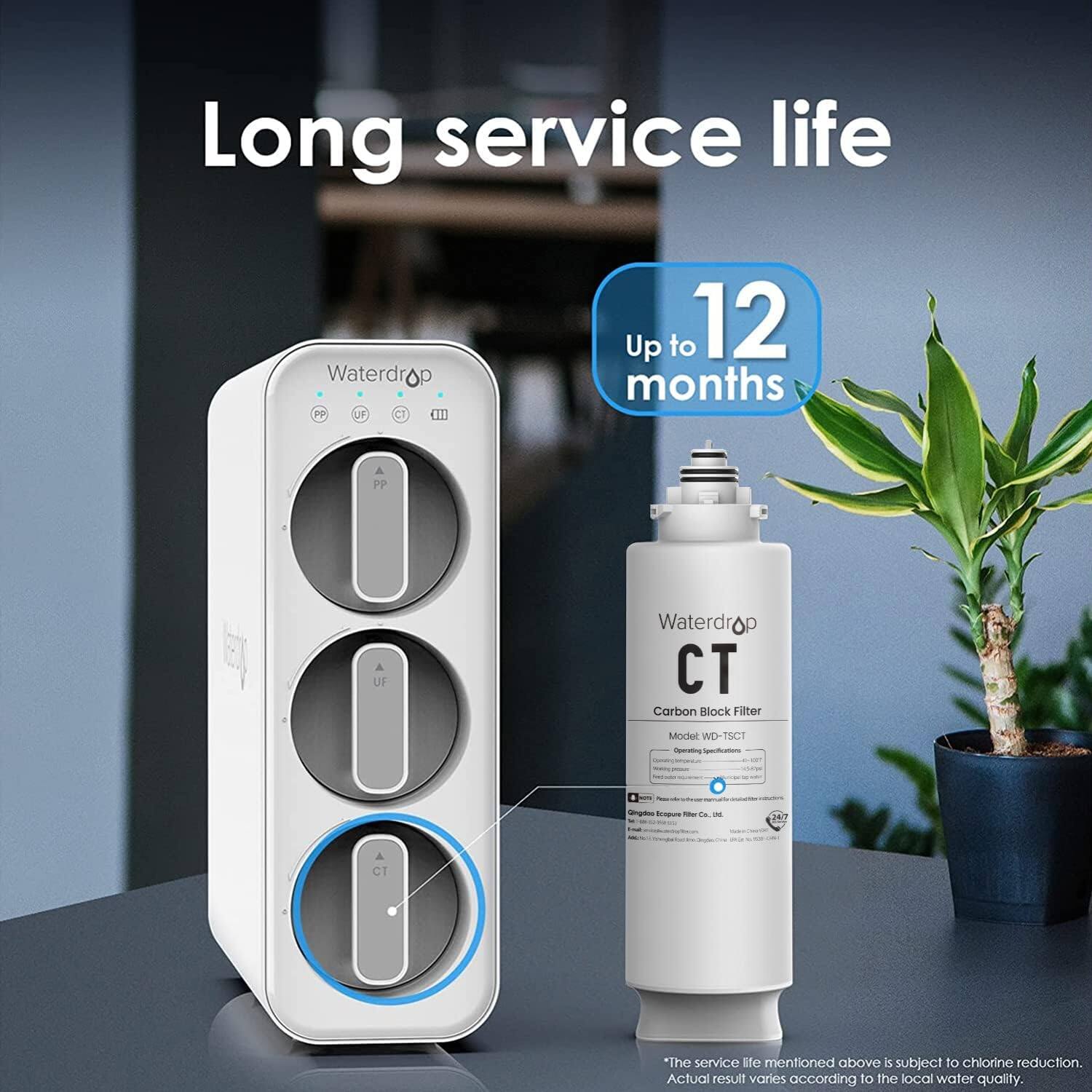 Long service life Waterdrop PP UF C BI Up to 12 months PP . UF Waterdrop CT Carbon Block Filter Model WDTSCT Orgt - - da - CT *The service life mentioned above is subject to chlorine reduction. Actual result varies according to the local water quality.