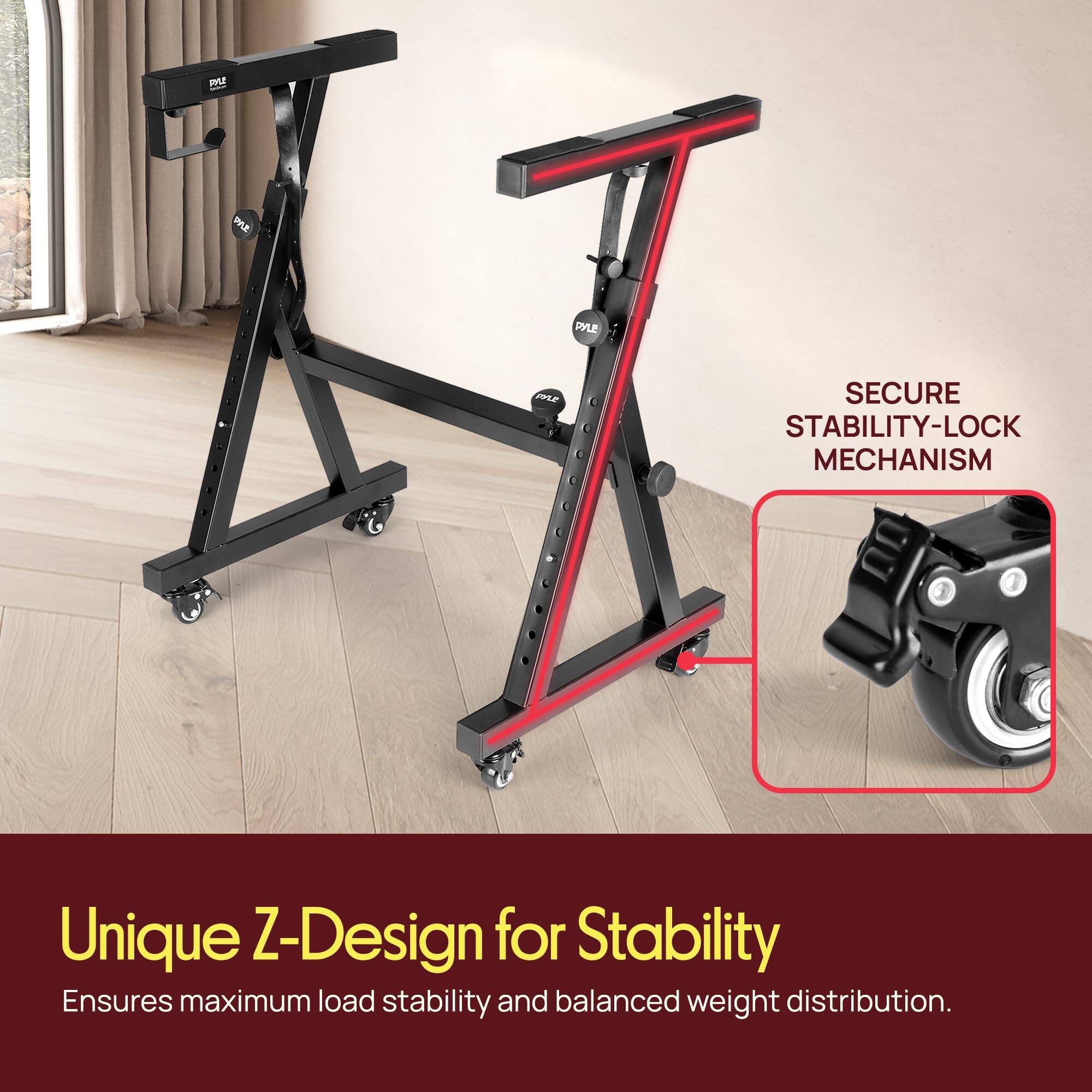 - PYLE
- SECURE STABILITY-LOCK MECHANISM
- Unique Z-Design for Stability
- Ensures maximum load stability and balanced weight distribution.