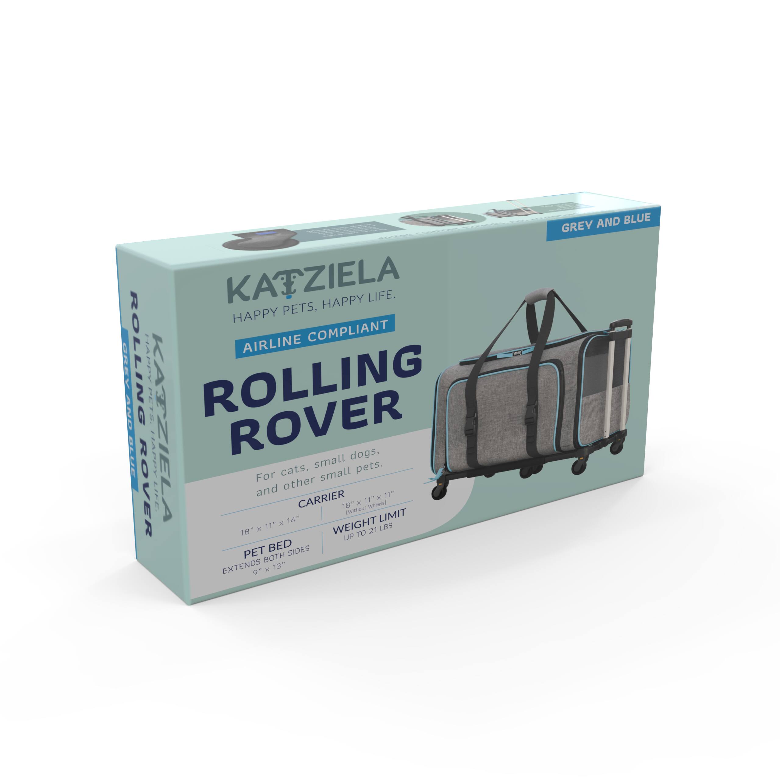KATZIELA HAPPY PETS. HAPPY LIFE. AIRLINE COMPLIANT ROLLING ROVER | For cats, small dogs, and other small pets. CARRIER 18" x 11" x 14" WEIGHT LIMIT UP TO 21 LBS. PET BED EXTENDS BOTH SIDES 19" x 13". GREY AND BLUE
