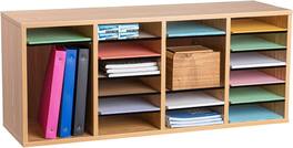 AdirOffice - Literature Organizer, Wood Adjustable 24 Compartment Literature File Organizer, 11.8”D x 39.3”W x 16.3”H - Medium Oak