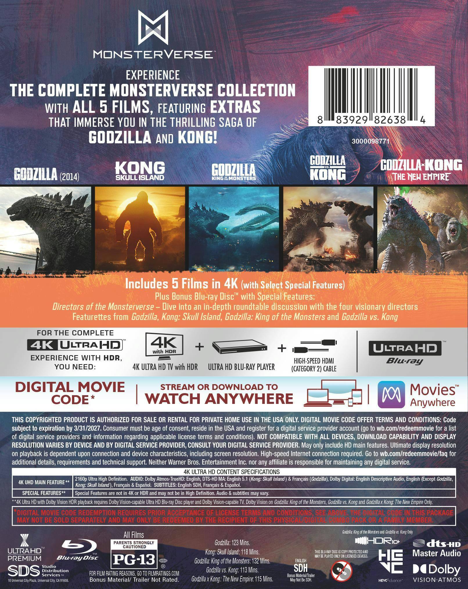Back. Godzilla/Kong Monsterverse 5-Film Collection   - 4K Blu-Ray.