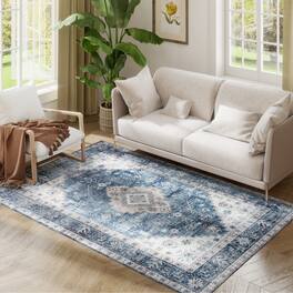Homcom - 4x6 Vintage Rug: Mach-Wash Non-Slip Indoor Boho Distressed Carpet, Living Room - Blue
