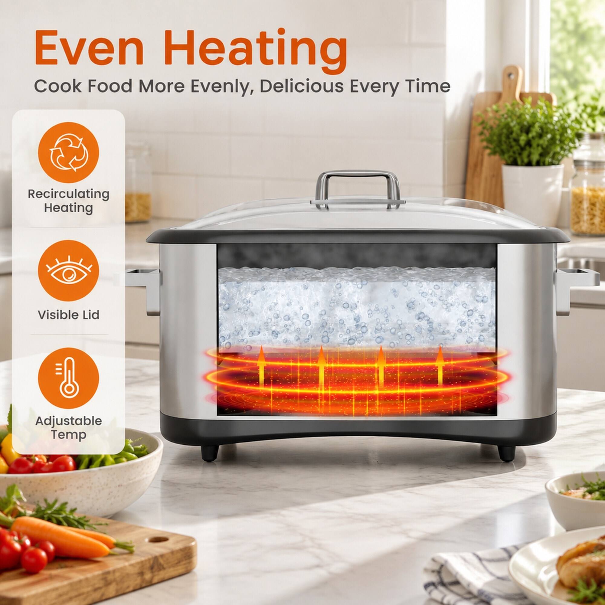 Even Heating  
Cook Food More Evenly, Delicious Every Time

- Recirculating Heating
- Visible Lid
- Adjustable Temp