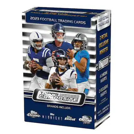 2023 FOOTBALL TRADING CARDS
2 RETAIL EXCLUSIVE INSERTS!
4 CHROME INSERTS
2 EXCLUSIVE TOPPS INSERTS
BRANDS INCLUDE:
Topps
Chrome
Midnight
Topps Finest
Topps
Chrome