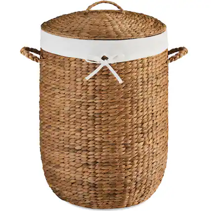 Front. Best Choice Products - Best Choice Products Round Laundry Hamper w/ Lid, Handwoven Laundry Basket w/ Handles & Removable Liner - Chestnut - Chestnut.