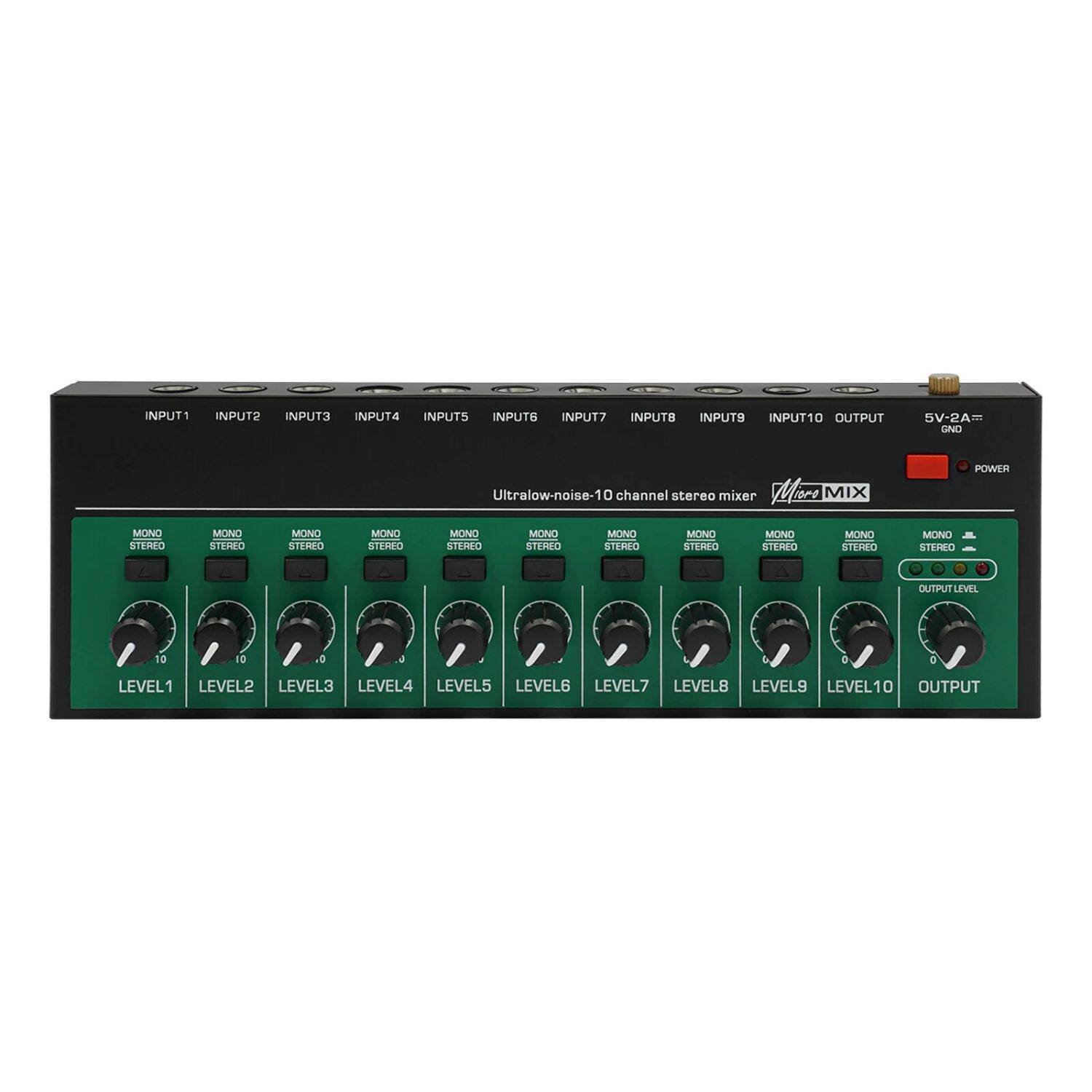 Stock Preferred - 10 Channel Mini Audio Mixer with USB Charging Cable & Plug - Black Green