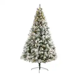 BreeBe - 8’ Flocked Oregon Pine Xmas Tree w/500 Lights and 1172 Tips - Green