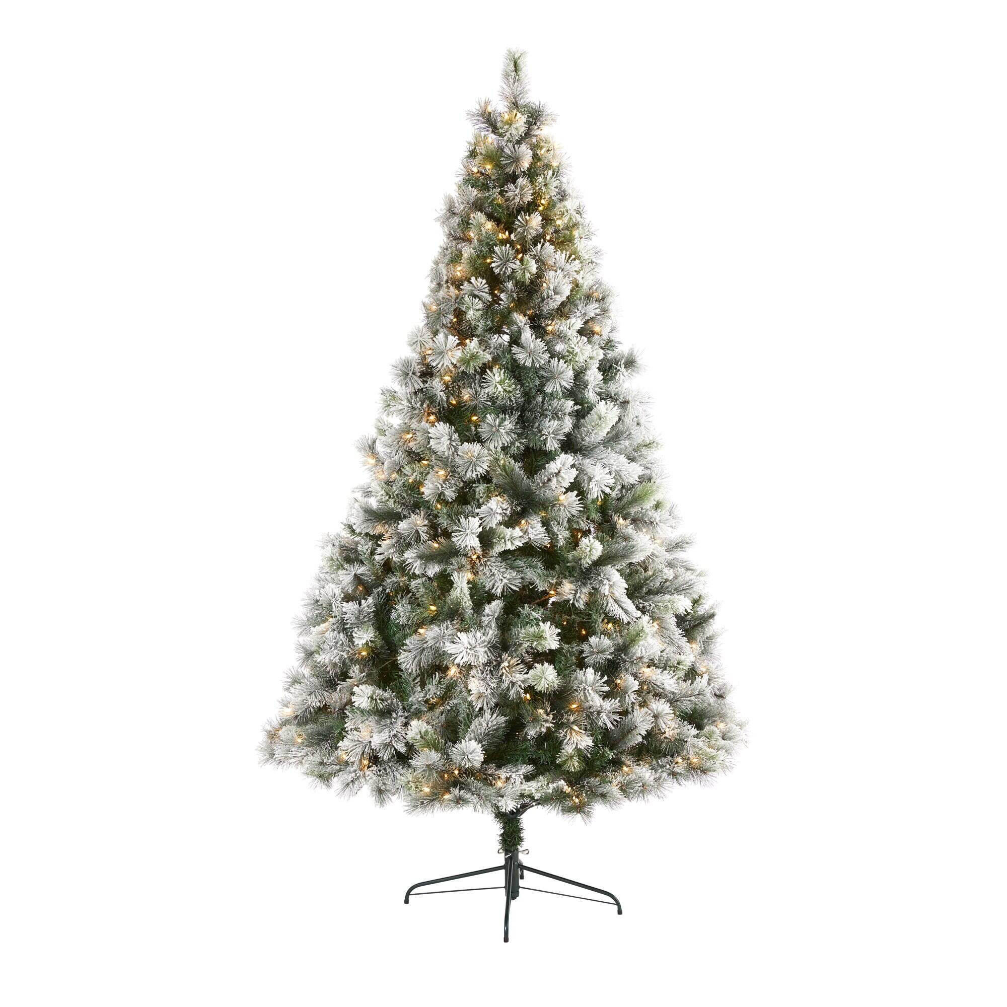 Front. BreeBe - 8’ Flocked Oregon Pine Xmas Tree w/500 Lights and 1172 Tips - Green.