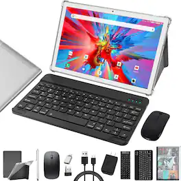 ANTEMPER - 2026 Latest Android Tablet, 10 Inch, 128GB+16GB(8+8)+512GB Expand, Octa-Core Processor, 2 in 1 with Keyboard Case Mouse - Silver