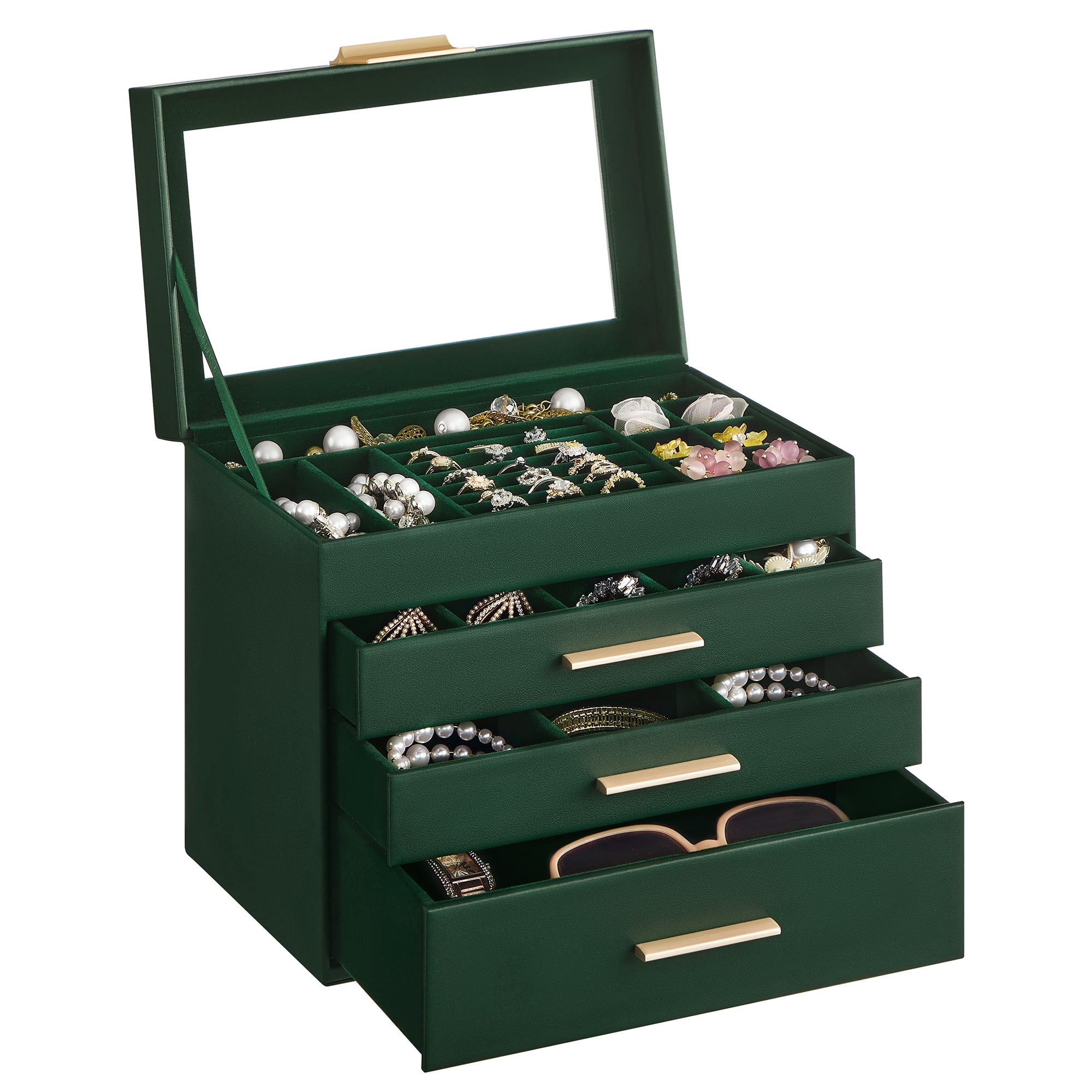 Songmics Home - Jewelry Box with Glass Lid, 4-Layer Jewelry Organizer, 3 Drawers, for Sunglasses, Big Jewelry, Jewelry Storage - Forest Green and Gold