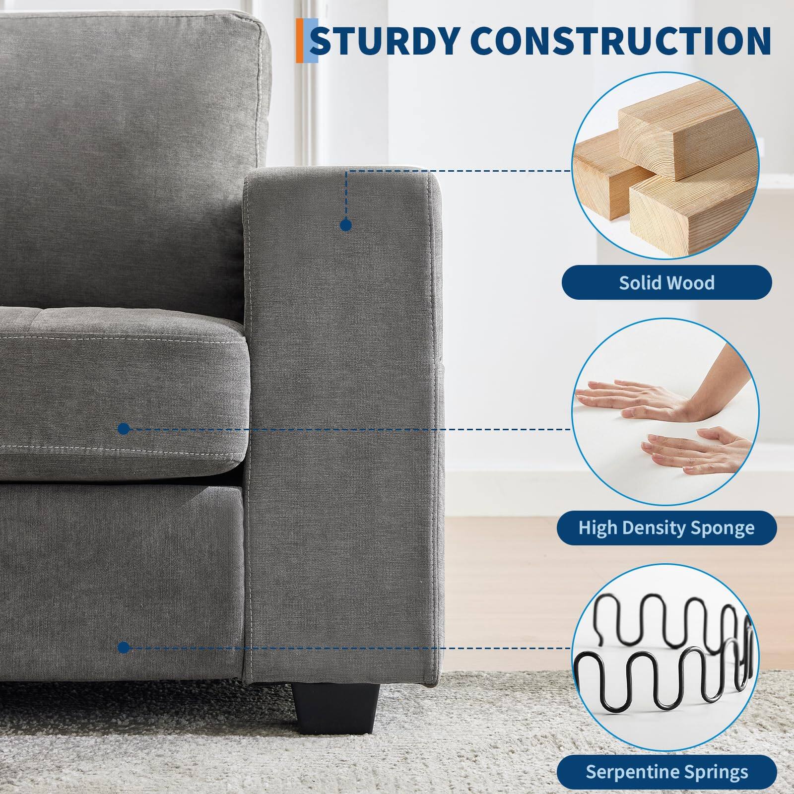 STURDY CONSTRUCTION

- Solid Wood
- High Density Sponge
- Serpentine Springs