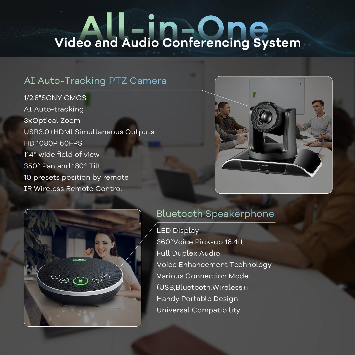 **All-in-One Video and Audio Conferencing System**

**AI Auto-Tracking PTZ Camera**
- 1/2.8" SONY CMOS
- AI Auto-tracking
- 3x Optical Zoom
- USB3.0+HDMI Simultaneous Outputs
- HD 1080P 60FPS
- 114° wide field of view
- 350° Pan and 180° Tilt
- 10 presets position by remote
- IR Wireless Remote Control

**Bluetooth Speakerphone**
- LED Display
- 360° Voice Pick-up 16.4ft
- Full Duplex Audio
- Voice Enhancement Technology
- Various Connection Mode (USB, Bluetooth, Wireless)
- Handy Portable Design
- Universal Compatibility
