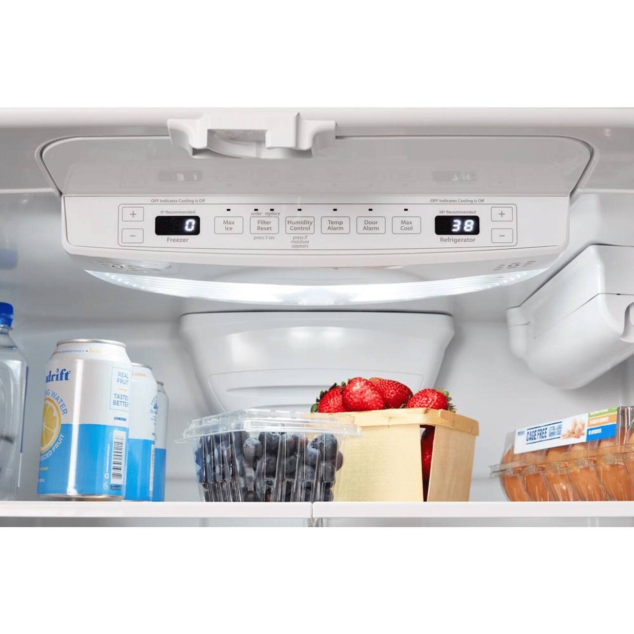 OFF Indicates Cooling is OFF  
Recommended 0 Freezer  
Max Ice  
replace Filter Humidity Reset Control press 3 sec preso / moisture appears  
Temp Alarm  
Door Alarm  
Max Cool  
Recommended 38 Refrigerator  
+ -  
drift WATER FRUIT  
TASTES BETTER  
CASEFREE