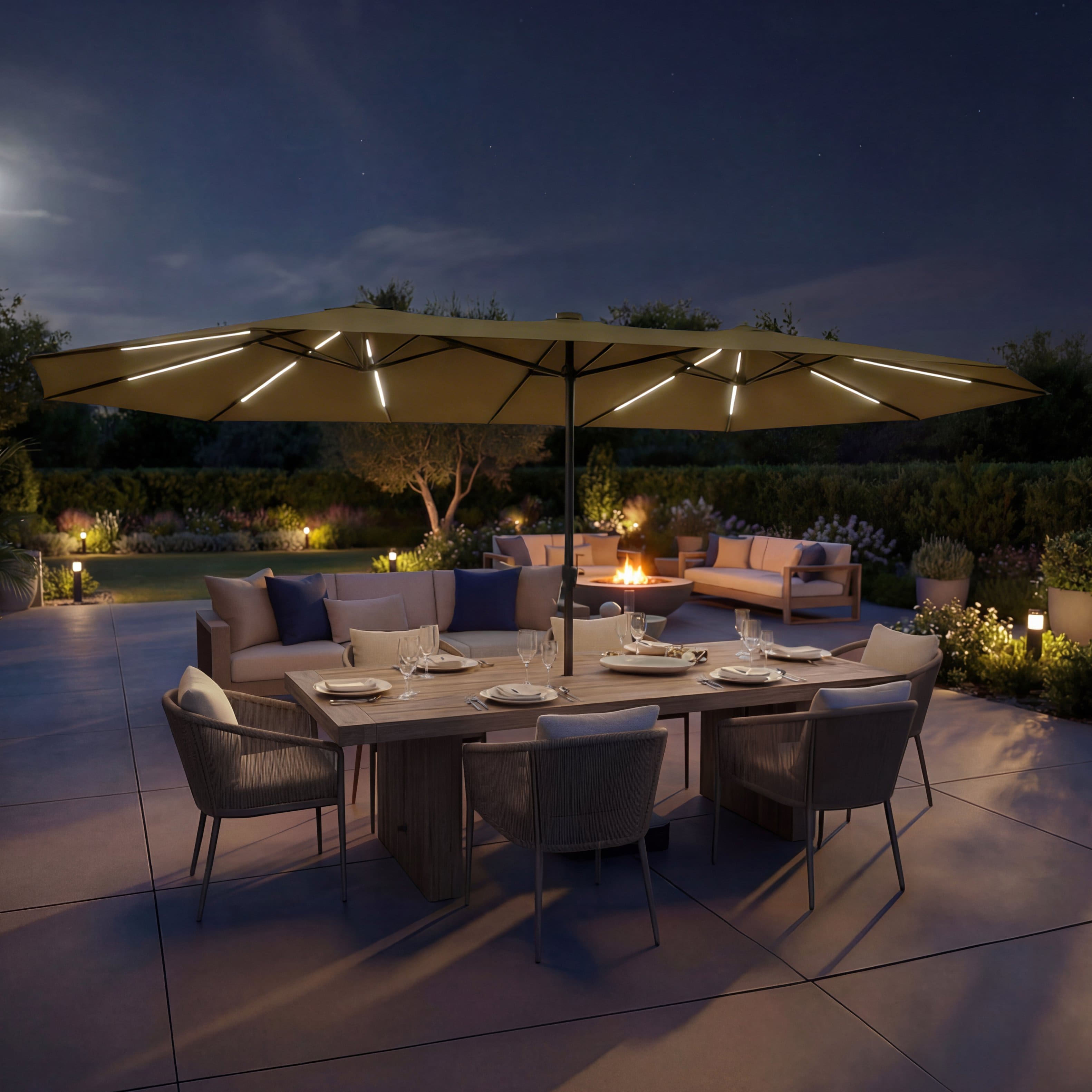 Famapy - Double Top Patio Umbrella with LED Lights Outdoor Market UmbrellaLarge Twin Canopy Deck Umbrella for Patio Garden - Sand