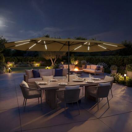 Front. Famapy - Double Top Patio Umbrella with LED Lights Outdoor Market UmbrellaLarge Twin Canopy Deck Umbrella for Patio Garden - Sand.