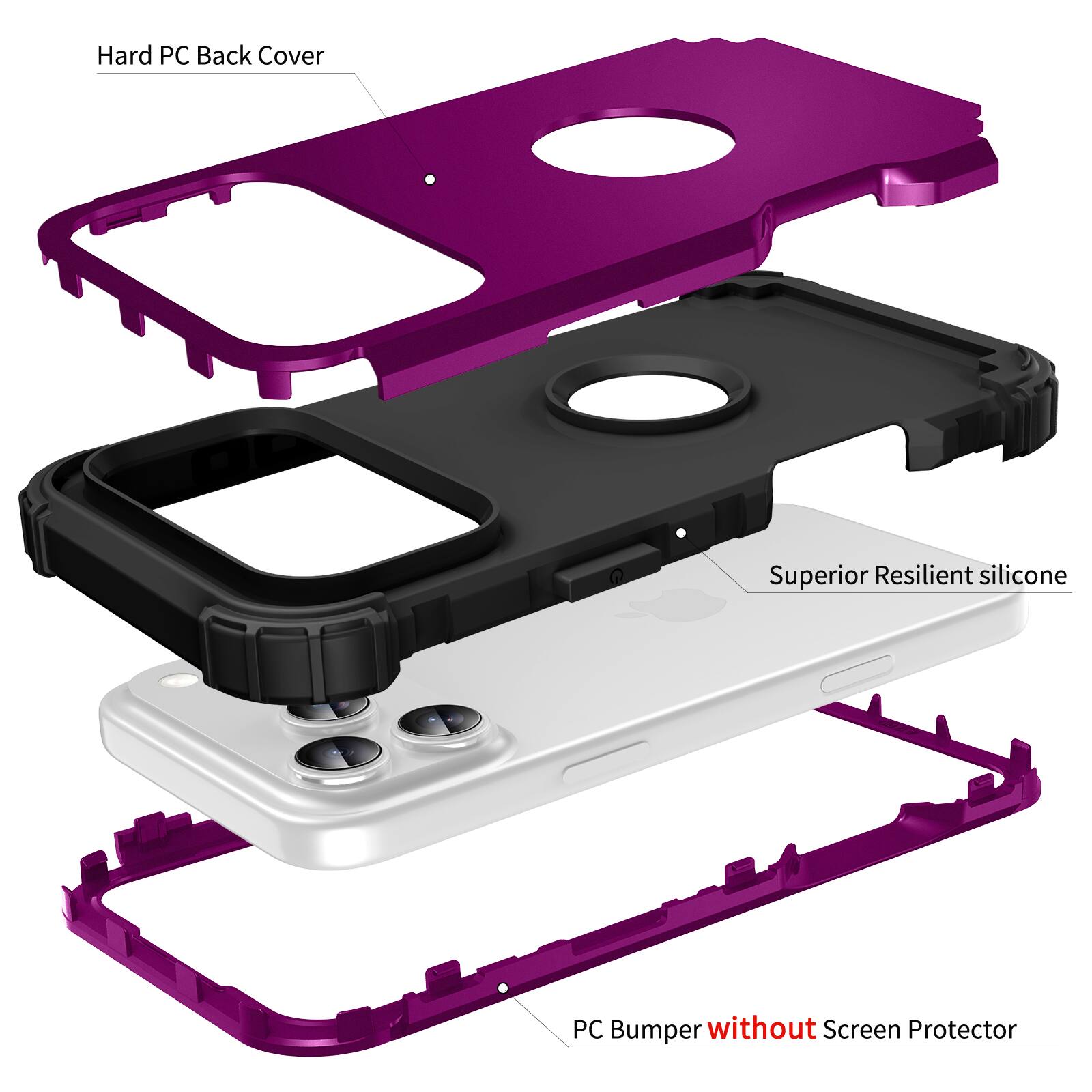 Hard PC Back Cover  
Superior Resilient Silicone  
PC Bumper without Screen Protector