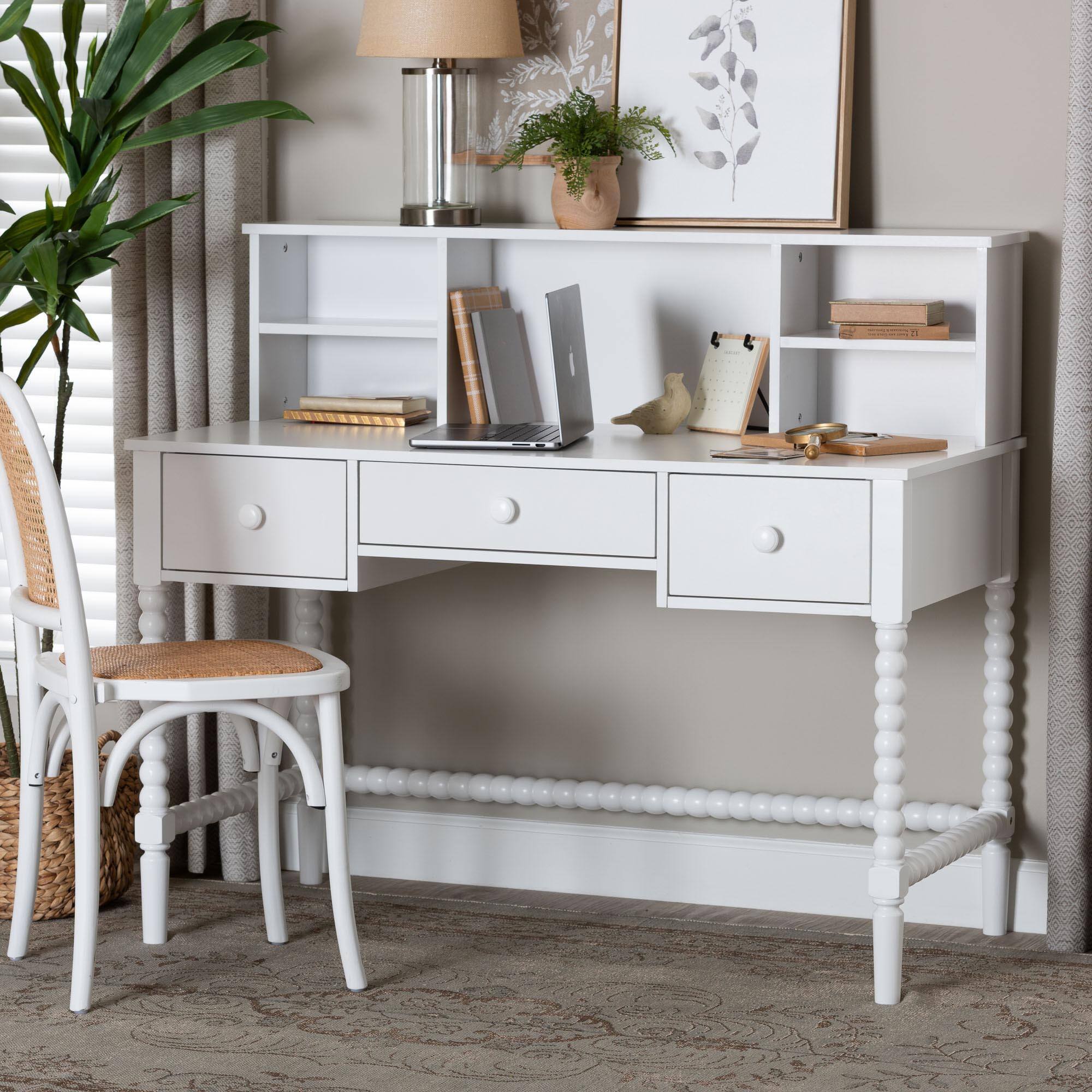 Alt View 5. Baxton Studio - Baxton Studio Archwood Writing Desk with Hutch - 3-Drawer Wood Desk with Bobbin Design, White - White.