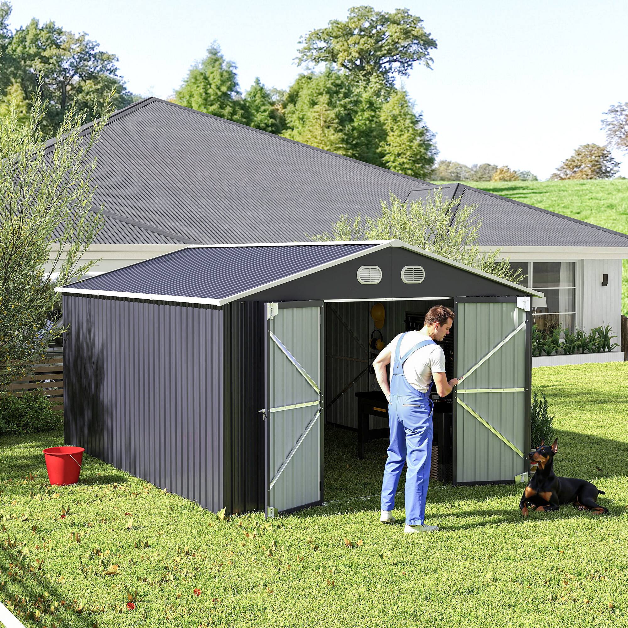 Angle. Anysun - 10x12 FT Outdoor Metal Storage Shed – Large Storage Shed with Sturdy Frame, Lockable Door, Garden Tool Shed - Dark Gray.