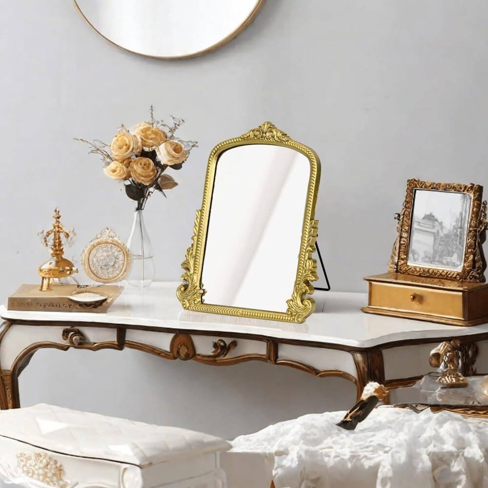 Alt View 5. Pacoar Cade - Champagne Vintage Baroque Vanity Mirror Small Arched Makeup Free Standing For Dresser Bedroom Living Room - Default.