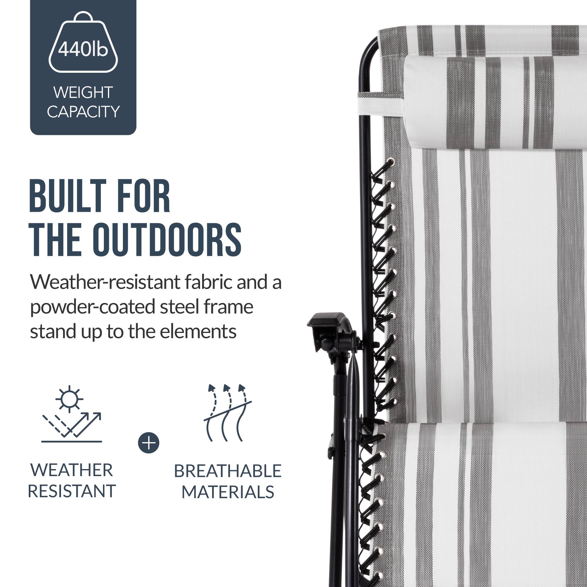 440lb WEIGHT CAPACITY  
BUILT FOR THE OUTDOORS  
Weather-resistant fabric and a powder-coated steel frame stand up to the elements  
WEATHER RESISTANT + BREATHABLE MATERIALS