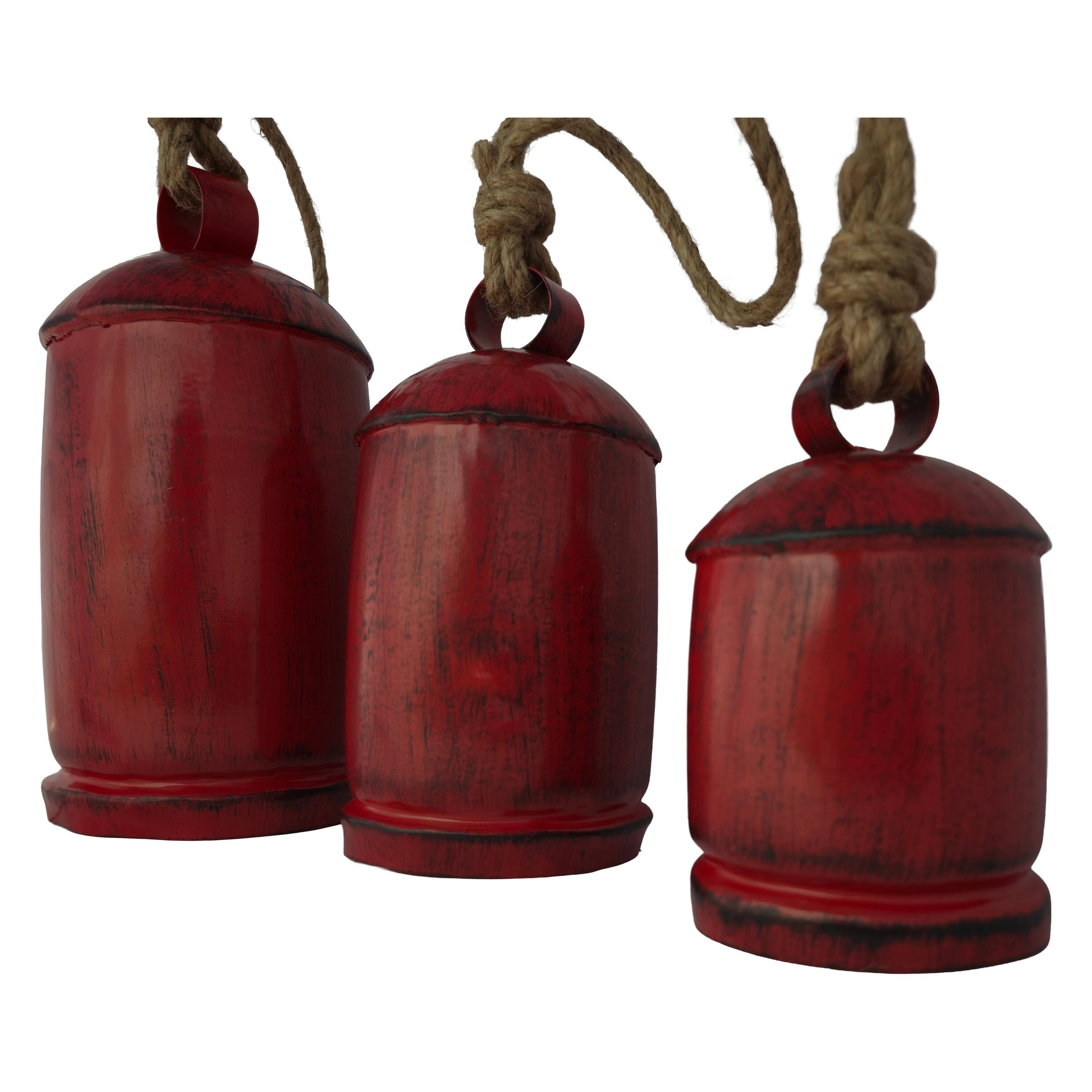 Left. Manhattan Lane - Set of 3 Cowbells Wall Hanging, Jute Rope, Rustic Boho Home Decor - Antique Red, Natural Brown.