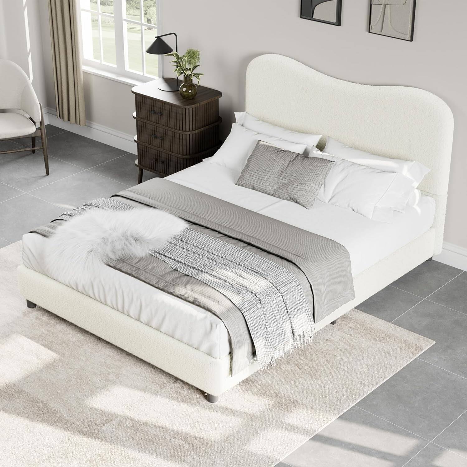 Back. Qeetex - Full Size Platform Bed Frame, Metal Frame, Sherpa Upholstered, No Box Spring, Beige/White - Beige White Full.