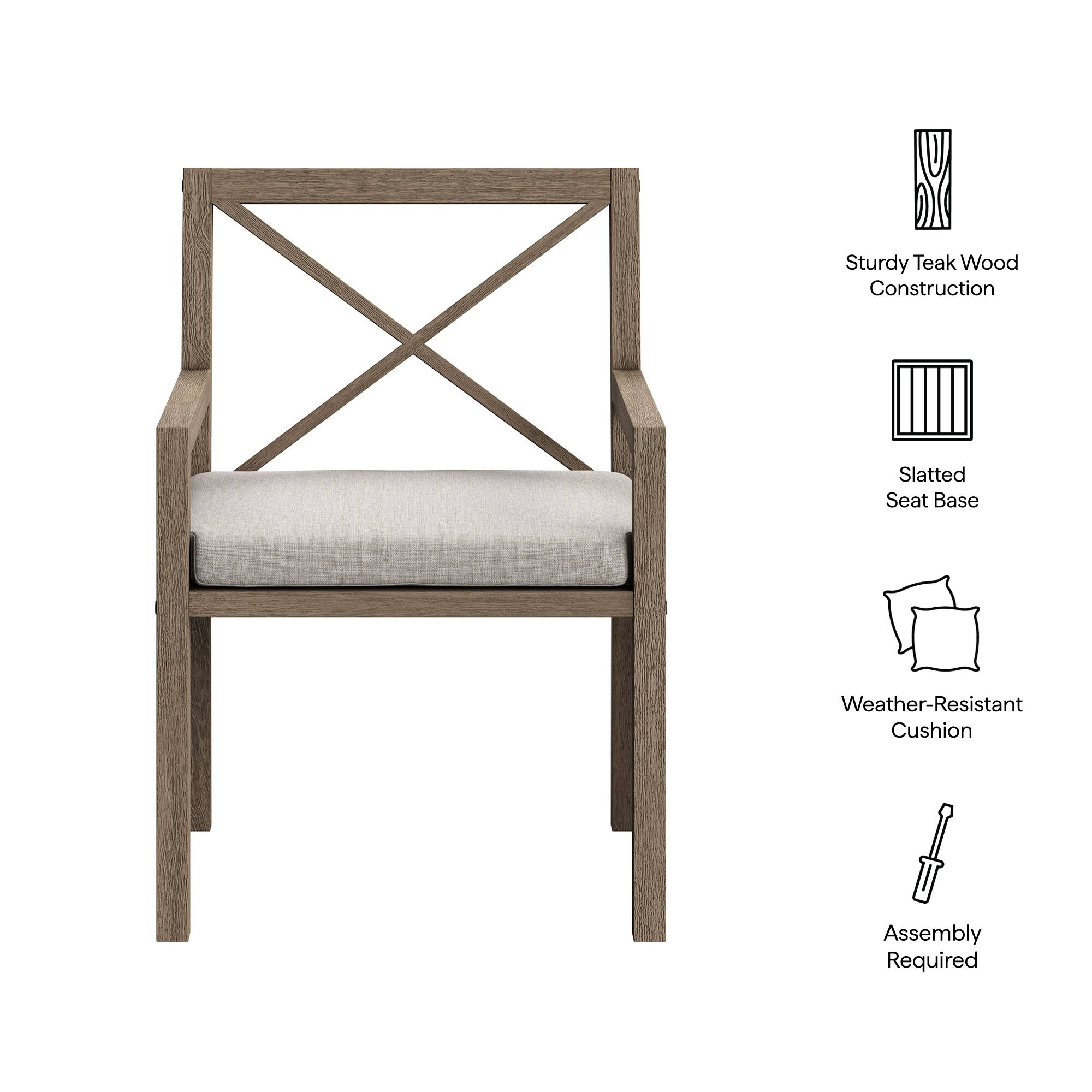 Sturdy Teak Wood Construction  
Slatted Seat Base  
Weather-Resistant Cushion  
Assembly Required