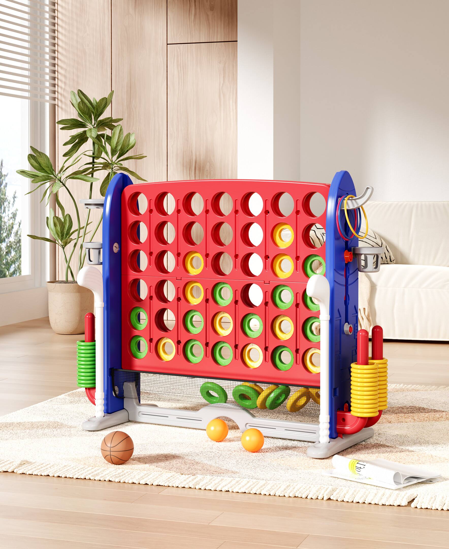 Alt View 9. Sugift - Giant 4-in-A Row Game Set for Kids and Adults with Basketball Hoop and Carrying Bag - Red.