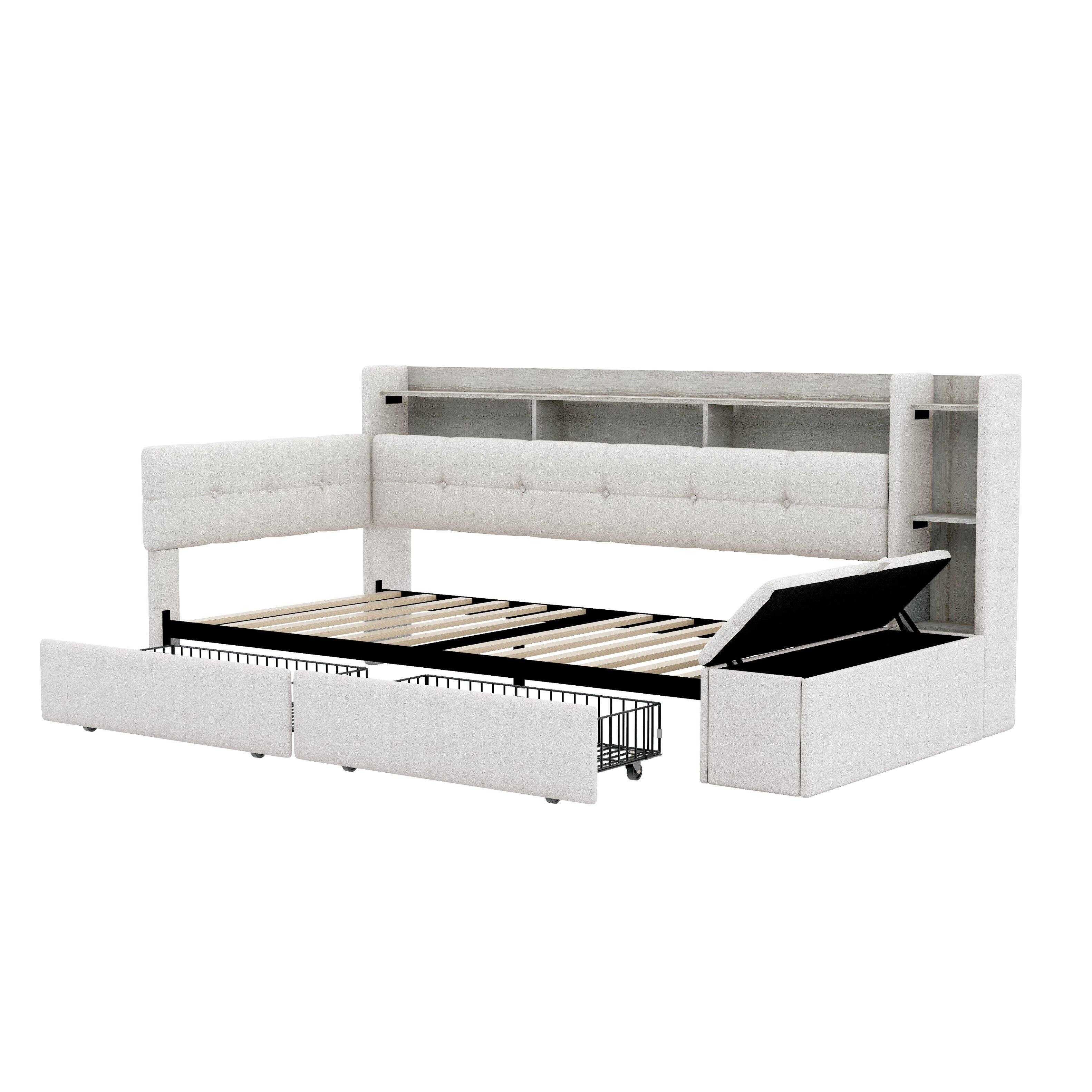 Angle. Whisen - Upholstered Daybed with Storage Drawers, LED Light, USB Ports & Footstool - Beige.