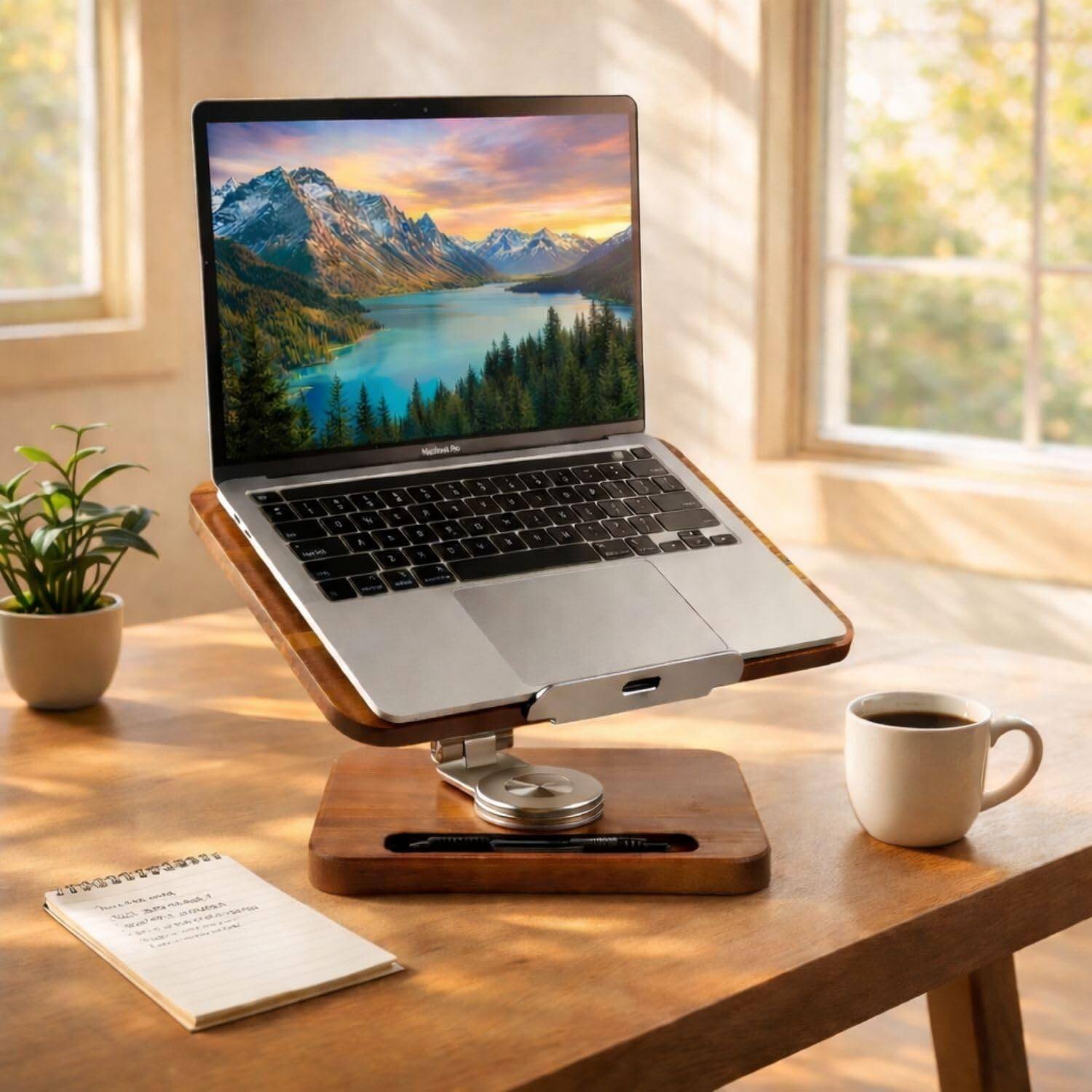 Angle. HongFei - Wooden Laptop & Book Stand for Desk – 360° Rotating Walnut Base, Adjustable Ergonomic Riser Reduces Strain - Walnut.