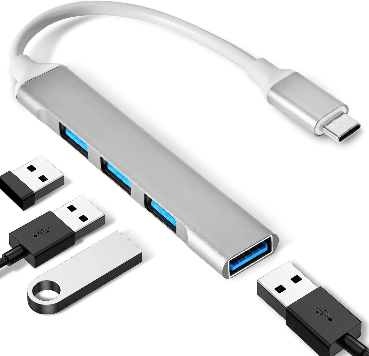 Front. Core Tech - 4-Port USB-C to USB Hub – Aluminum USB 3.0 Type-C to USB-A Adapter – Compatible with MacBook Pro/Air, Laptops, Keyboards.