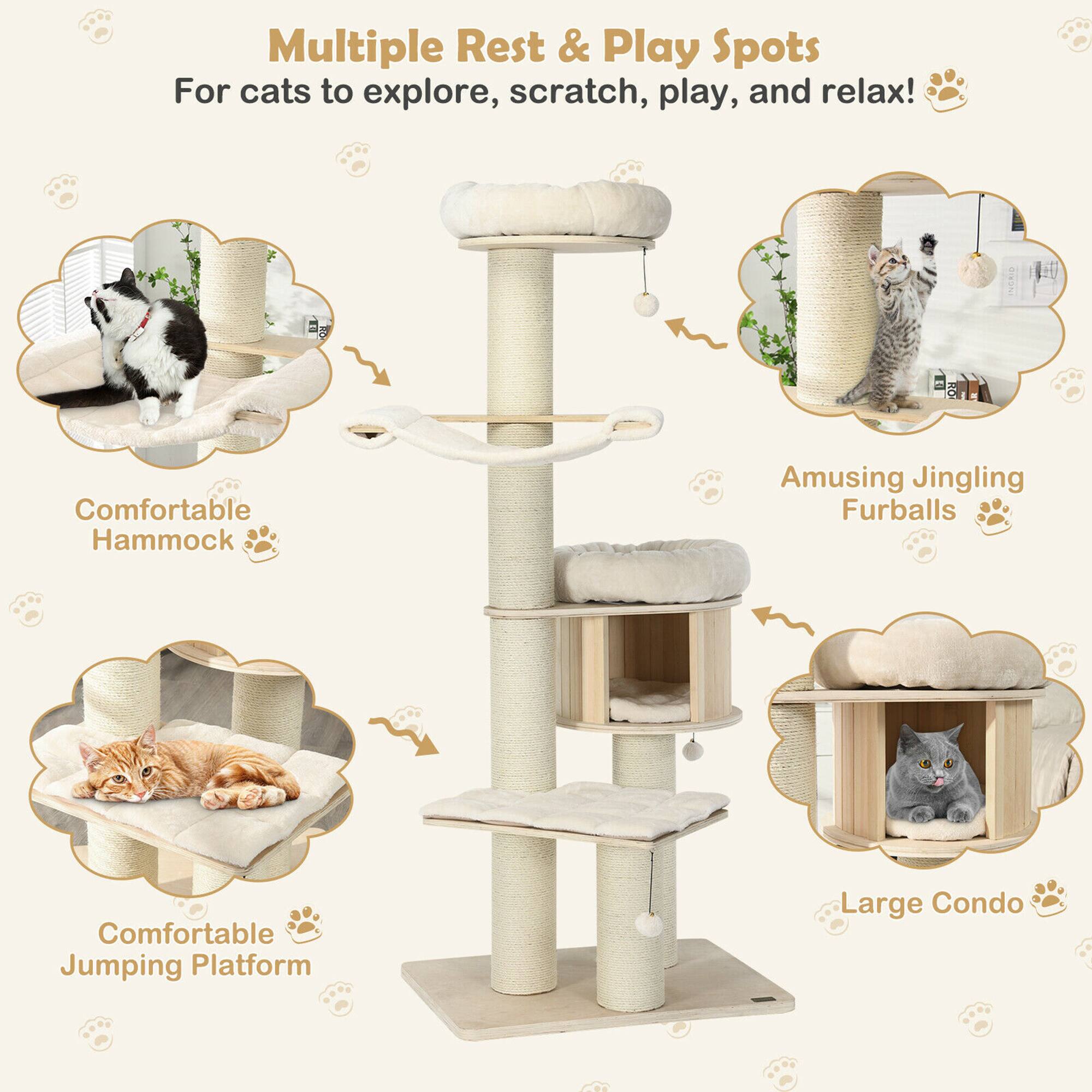 Multiple Rest & Play Spots  
For cats to explore, scratch, play, and relax!

- Comfortable Hammock
- Amusing Jingly Furballs
- Comfortable Jumping Platform
- Large Condo
