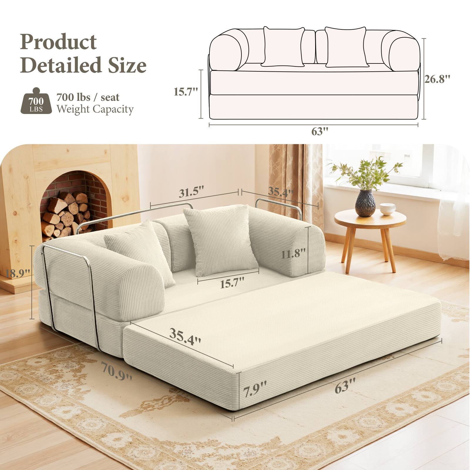 Product Detailed Size

700 lbs / seat  
Weight Capacity

15.7"  
26.8"  
63"  
31.5"  
35.4"  
8.9"  
15.7"  
11.8"  
70.9"  
35.4"  
7.9"  
63"