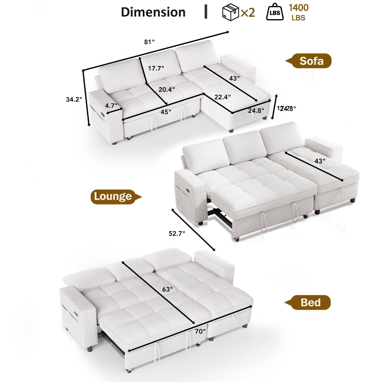 Dimension  
I x2  
LBS 1400 LBS  

Sofa  
81"  
17.7"  
43"  
34.2"  
4.7"  
20.4"  
45"  
22.4"  
24.8"  
124.78"  

Lounge  
52.7"  
63"  

Bed  
70"