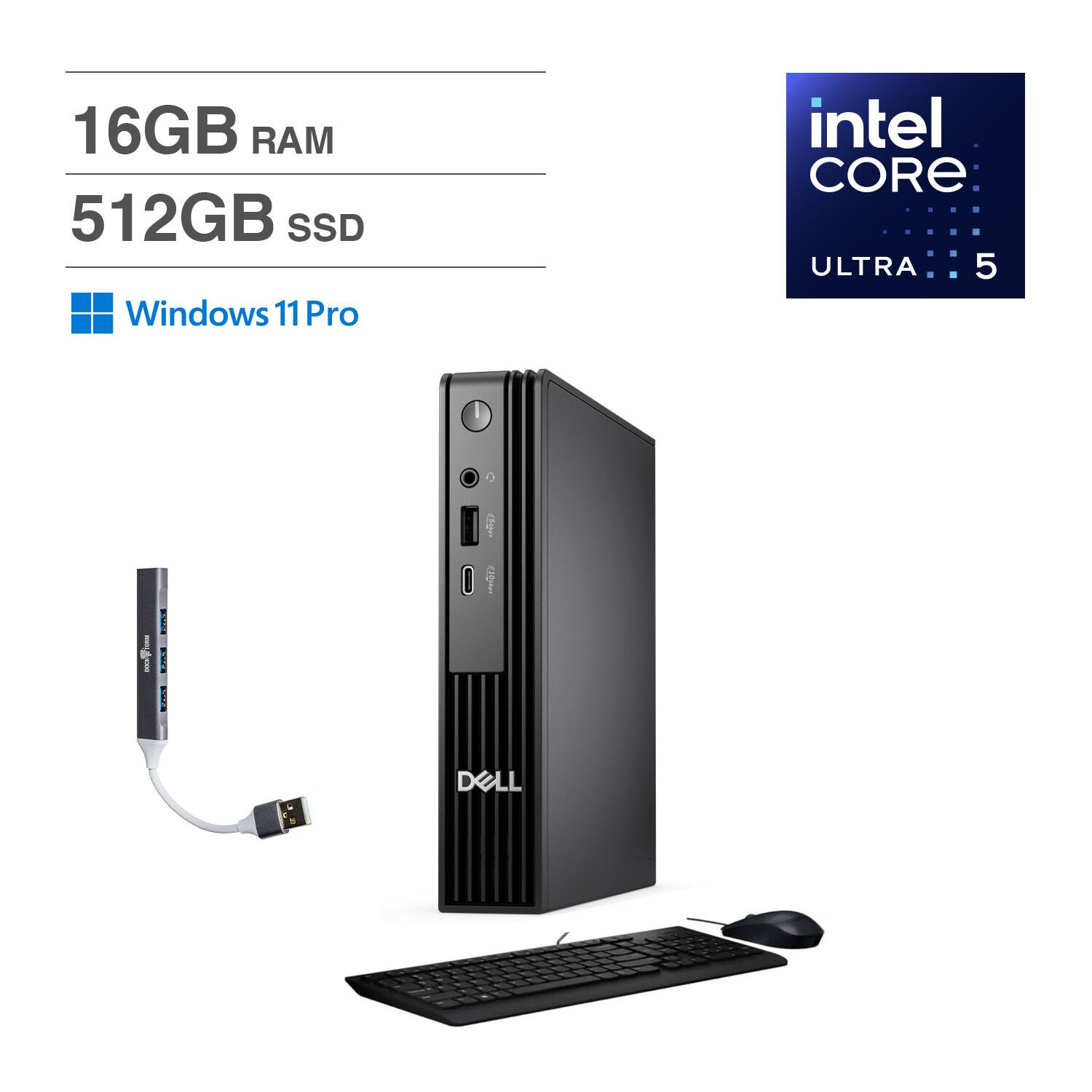 Dell - Pro Micro Mini Desktop (Intel Ultra 5-235T, 16GB DDR5, 512GB M.2 PCIe SSD, Win 11 Pro) w/USB Hub - Black