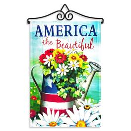 G128 - Combo Garden Flag Hanger 14.2in with 12x18in America the Beautiful Spring Flowers Watering Can Flag 150D Polyester - Multicolor