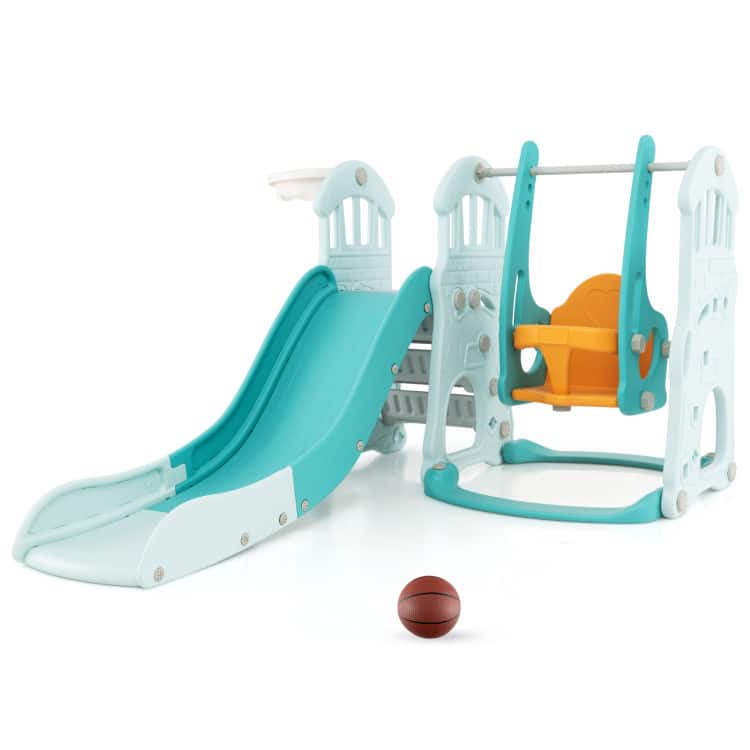SlickBlue - Toddler Slide and Swing Set with Extra-Long Slide, Adjustable Swing, Hoop, and Climber - Green, Orange