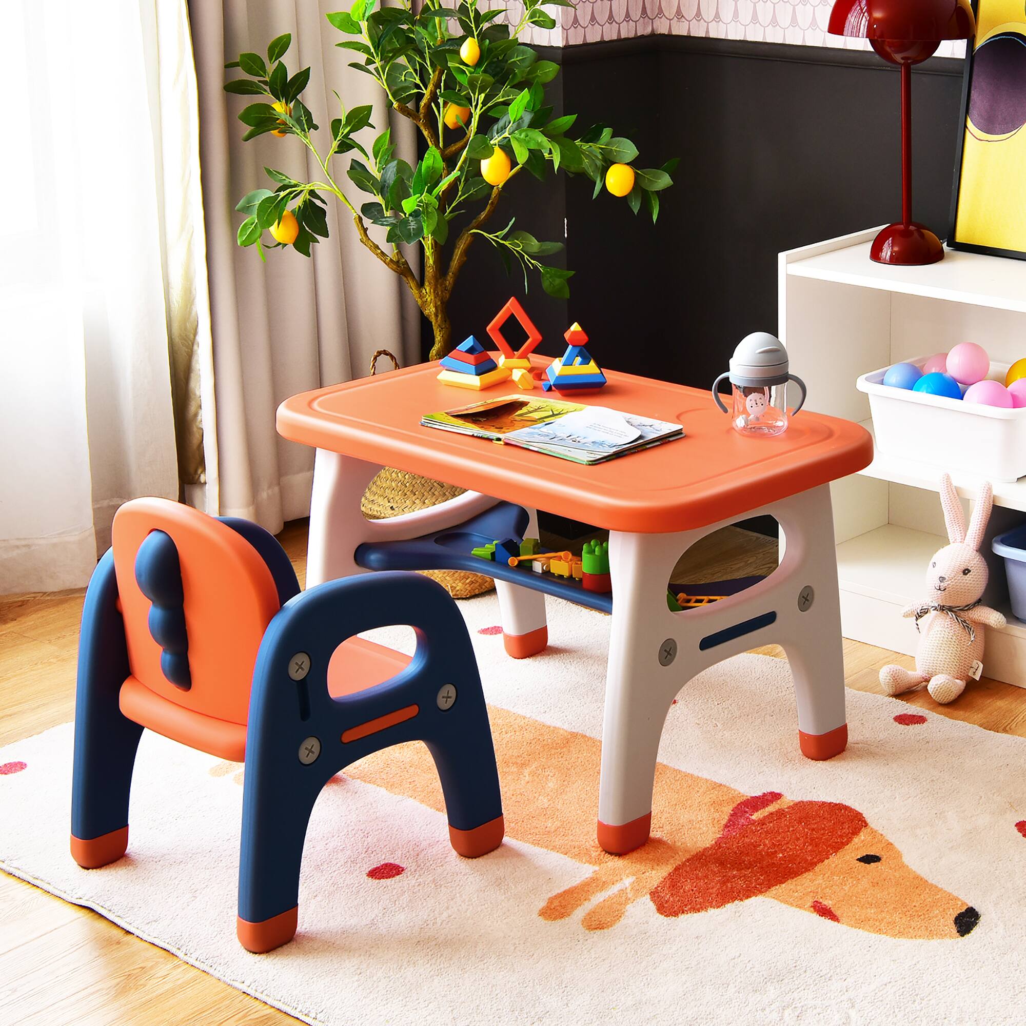 Alt View 1. Gymax - Gymax Babyjoy Kids Study Desk Dinosaur Table & Chair Set w/ Building Blocks Activity Orange - Orange, Blue, White.