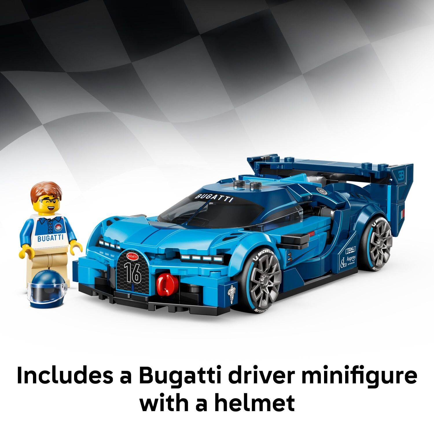 BUGATTI TTI 3: BUGATTI e 16 LEMICHELIN  
Includes a Bugatti driver minifigure with a helmet