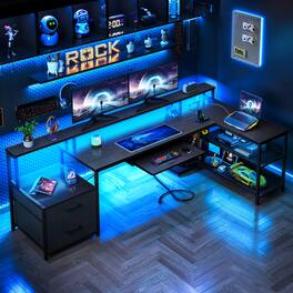 AODK - L-Shaped Reversible Computer Desk with LED Lights, File Drawer, Power Outlets, Storage Shelves & Keyboard Tray - Black