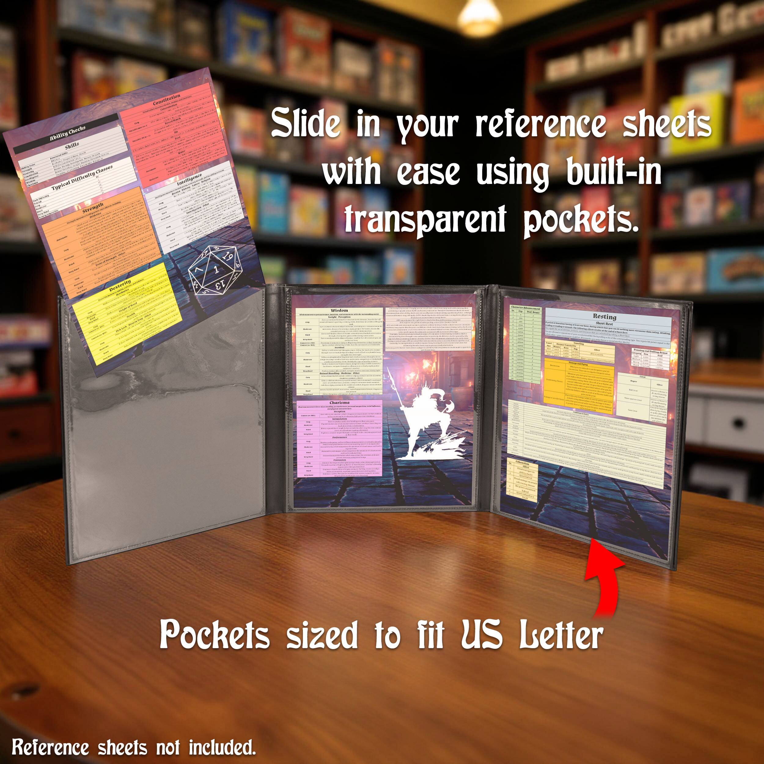 Slide in your reference sheets with ease using built-in transparent pockets.  
Pockets sized to fit US Letter  
Reference sheets not included.