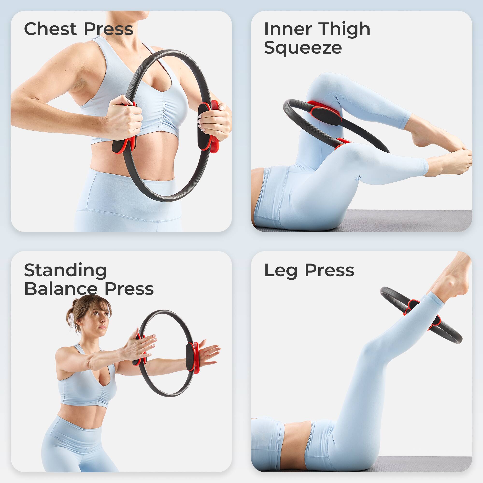 Chest Press  
Inner Thigh Squeeze  
Standing Balance Press  
Leg Press