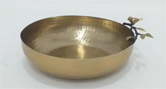 Front. Jiallo - Songbird bowl - 12" Wide , 3 1/2" High - Gold.
