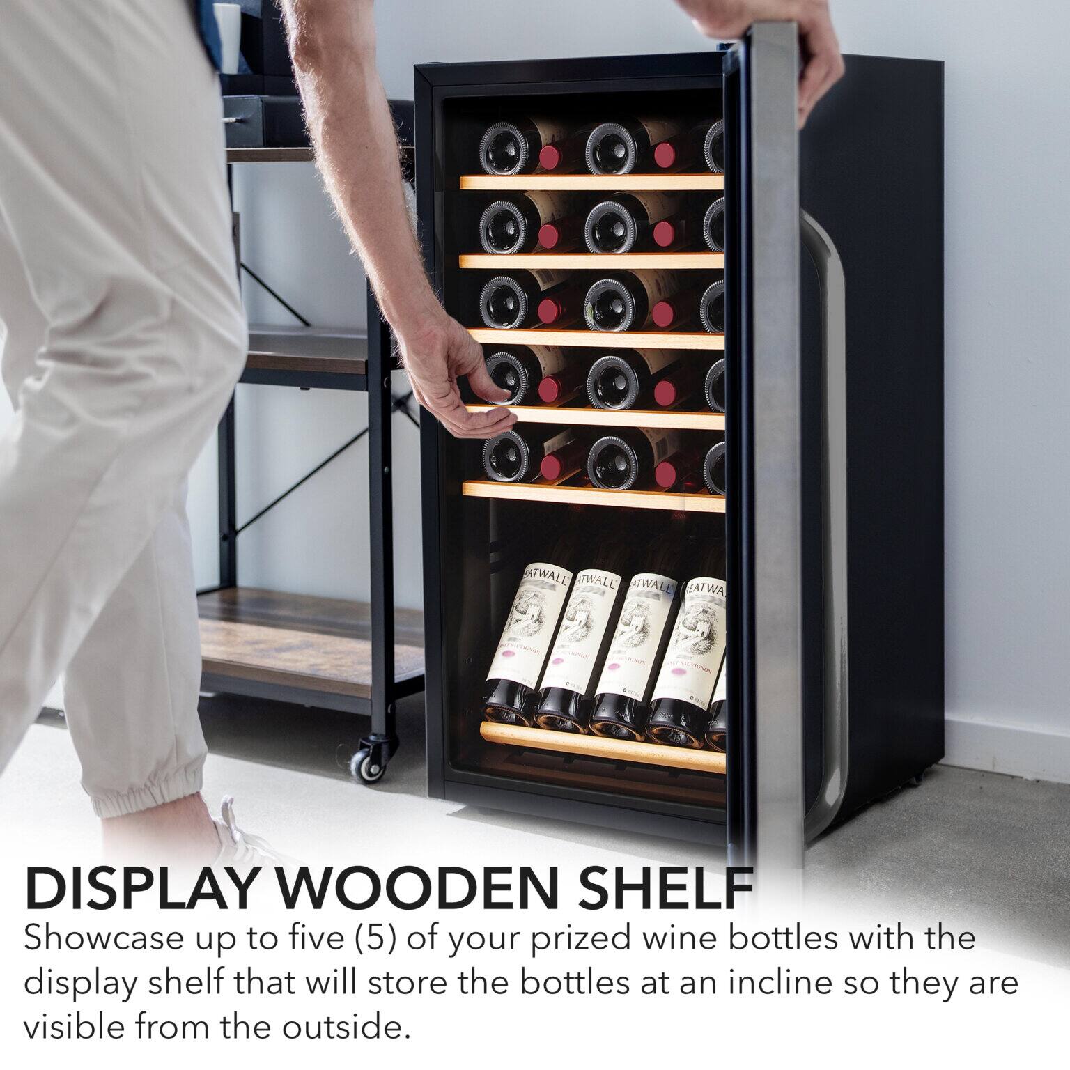 DISPLAY WOODEN SHELF

Showcase up to five (5) of your prized wine bottles with the display shelf that will store the bottles at an incline so they are visible from the outside.
