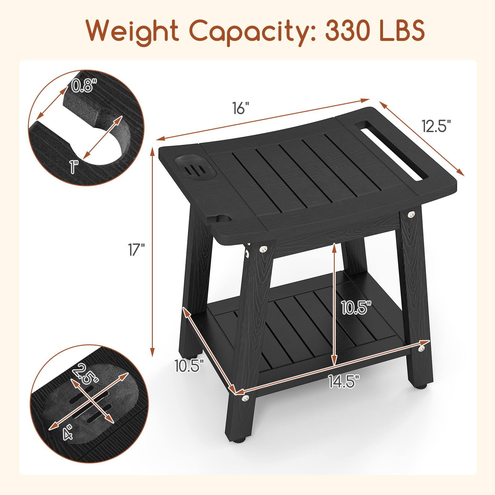 Weight Capacity: 330 LBS

- 0.8"
- 16"
- 12.5"
- 17"
- 10.5"
- 2.5"
- 10.5"
- 14.5"