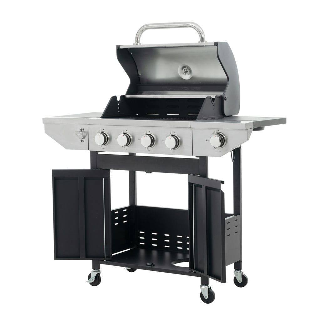 Back. Resenkos - Propane Grill 4 Burner Barbecue Grill Stainless Steel Gas Grill with Side Burner, 46,500 BTU Outdoor Cooking, Silver.