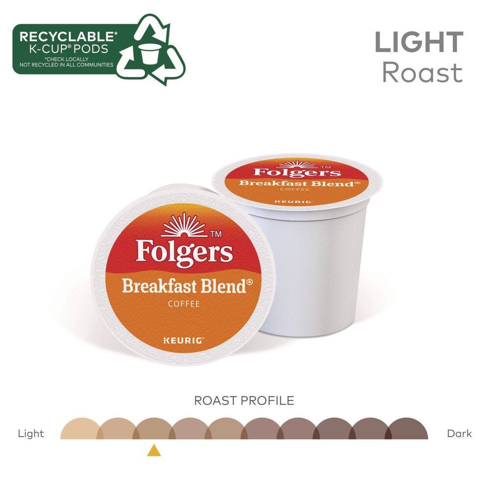 RECYCLABLE* K-CUP® PODS  
*CHECK LOCALLY NOT RECYCLED IN ALL COMMUNITIES  

LIGHT Roast  

Folgers Breakfast Blend® COFFEE  
KEURIG®  

ROAST PROFILE  
Light  
Dark