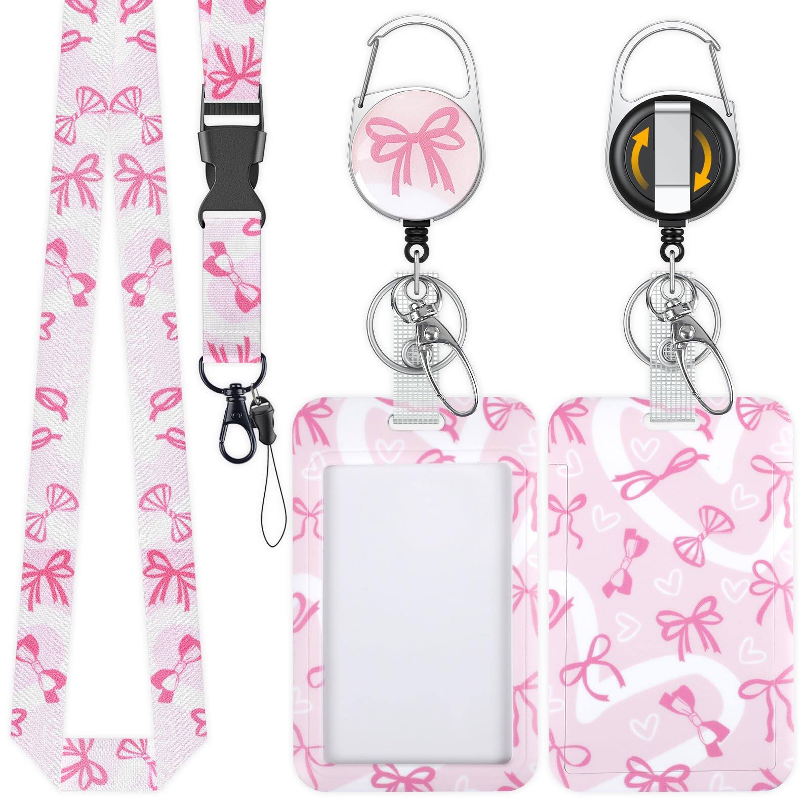 Stylel Star - Fashionable Sliding Badge Holder Bowknot Pattern Plastic Card With Retractable Reel Carabiner & Detachable