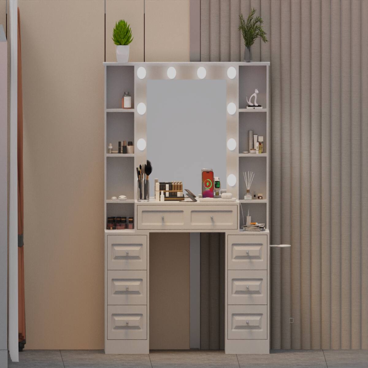 Alt View 7. Loheer - Loheer makeup vanity desk with mirror and lights, White Vanity Table with Seven Drawers - White.