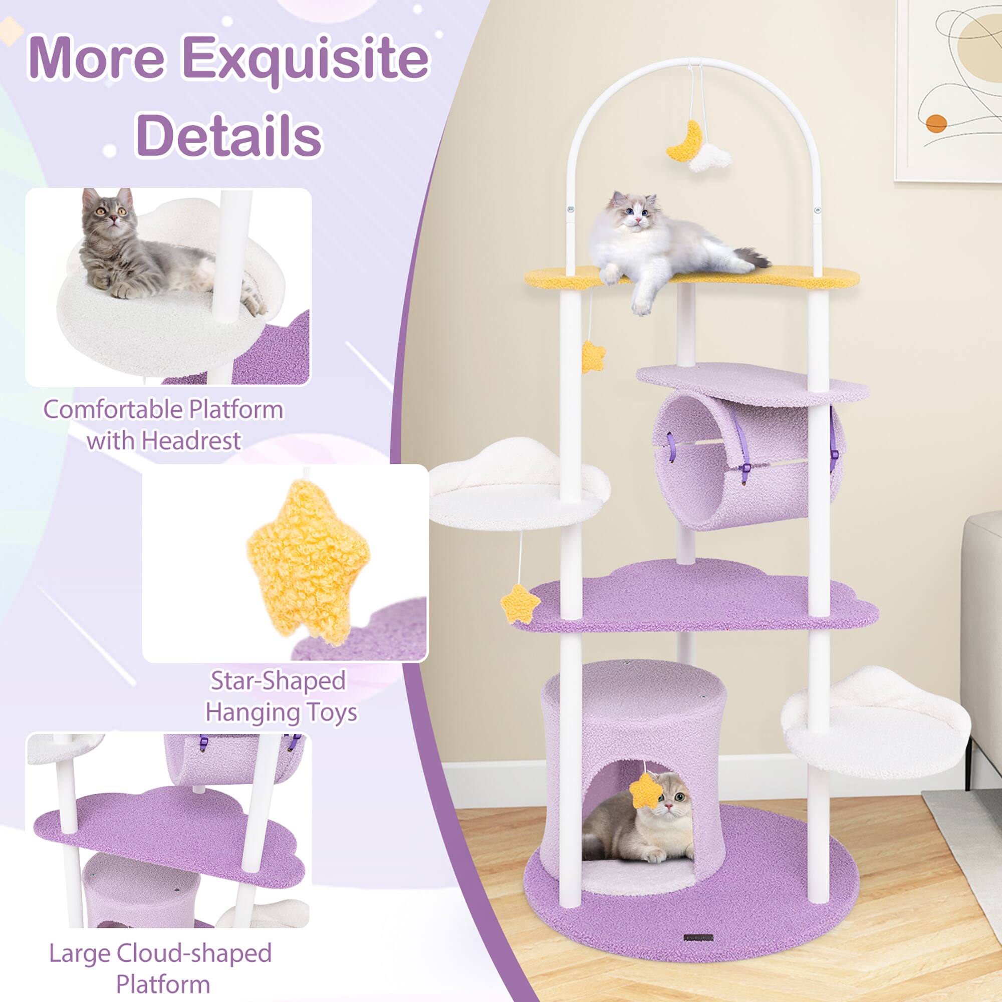 More Exquisite Details

- Comfortable Platform with Headrest
- Star-Shaped Hanging Toys
- Large Cloud-shaped Platform